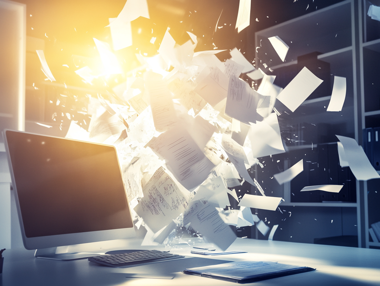 Computer exploding from confusion