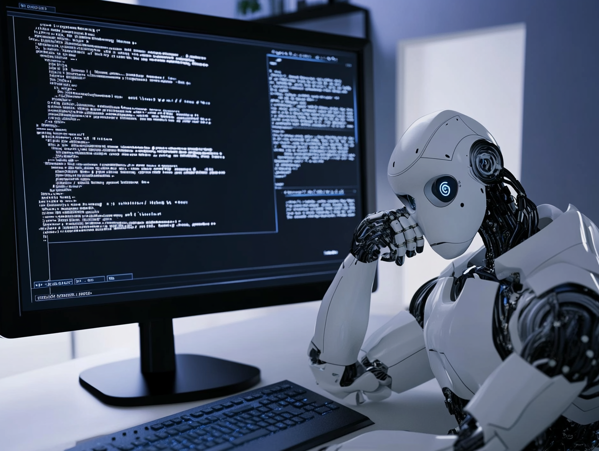Robot looking confused at a computer